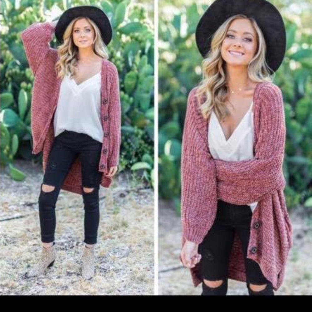 Brick red velvet soft chenille button cardigan